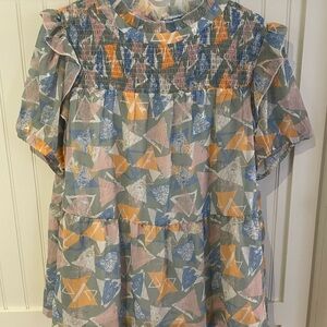 Jodifl Smocked Ruffle Irridescent Geo Top Size Large EUC